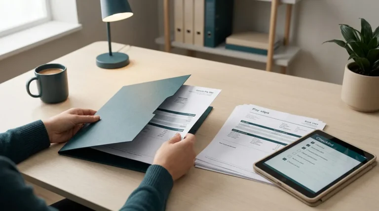 Une personne consulte des bulletins de paie et une tablette numérique sur un bureau pour préparer un dossier de crédit.