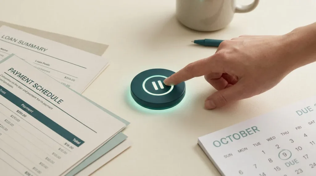 Une main appuie sur un bouton lumineux pause posé sur un bureau près de documents financiers et d'un calendrier.