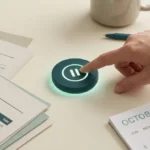 Une main appuie sur un bouton lumineux pause posé sur un bureau près de documents financiers et d'un calendrier.