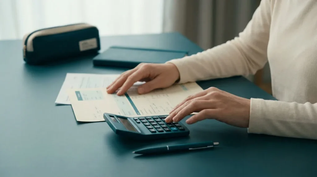 Une personne utilise une calculatrice sur un bureau pour gérer son budget familial avant la rentrée scolaire.