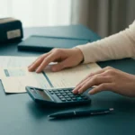 Une personne utilise une calculatrice sur un bureau pour gérer son budget familial avant la rentrée scolaire.