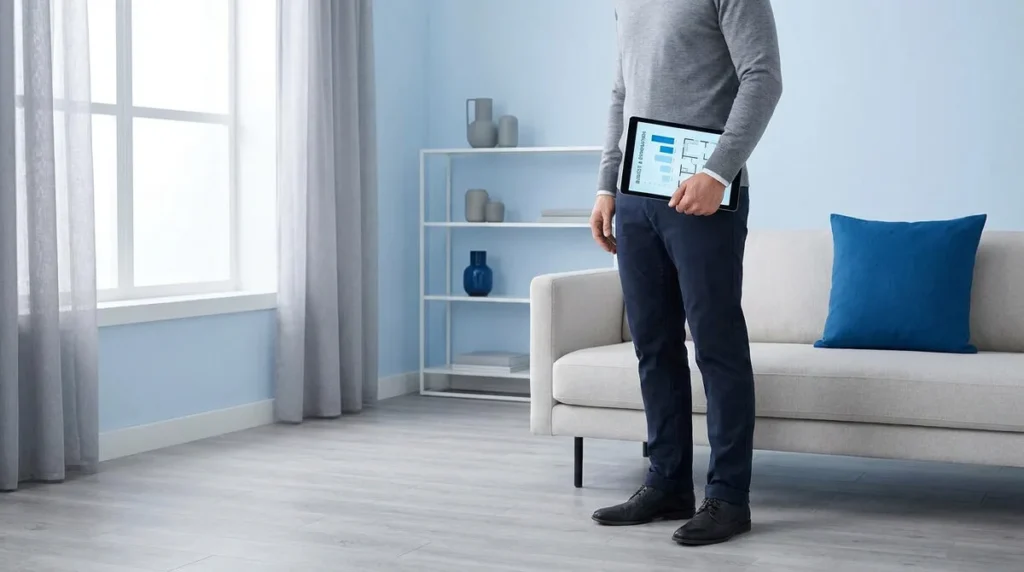 Un homme tient une tablette affichant un plan de maison et un graphique financier dans un salon moderne.