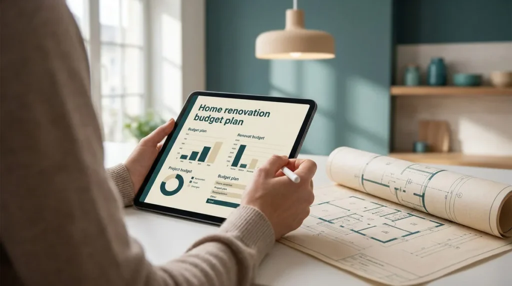 Personne utilisant une tablette pour consulter un plan budgétaire de rénovation à côté d'un plan architectural.