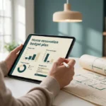 Personne utilisant une tablette pour consulter un plan budgétaire de rénovation à côté d'un plan architectural.