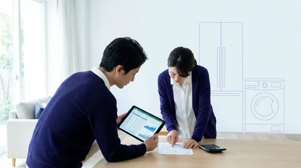 Couple examinant un budget sur une tablette et des documents pour le financement d'électroménager.