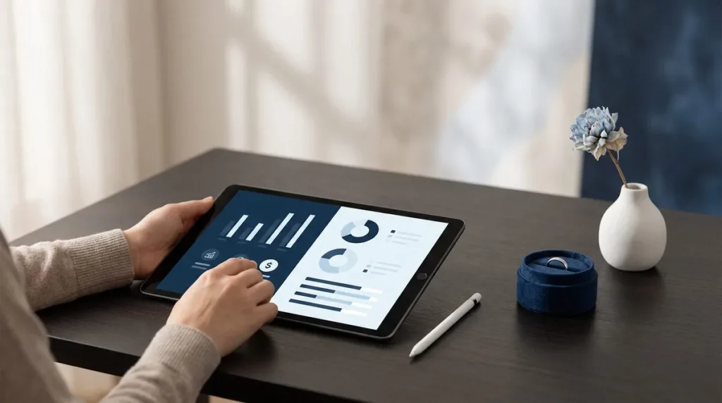 Une personne consulte des graphiques financiers sur une tablette à côté d'une alliance dans son écrin.
