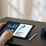 Une personne consulte des graphiques financiers sur une tablette à côté d'une alliance dans son écrin.
