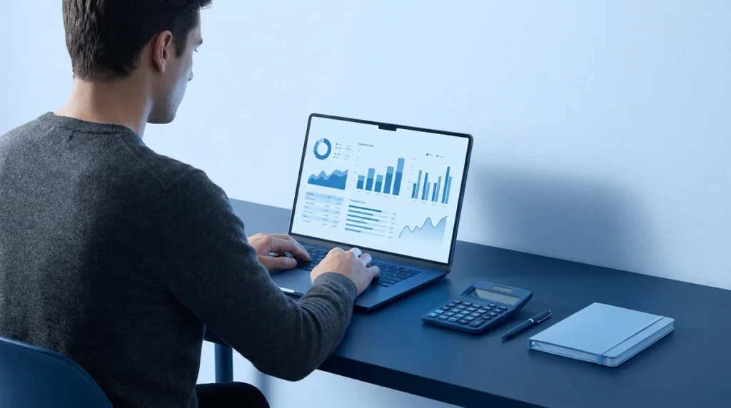 Un homme consulte des graphiques financiers sur son ordinateur portable pour calculer son budget.
