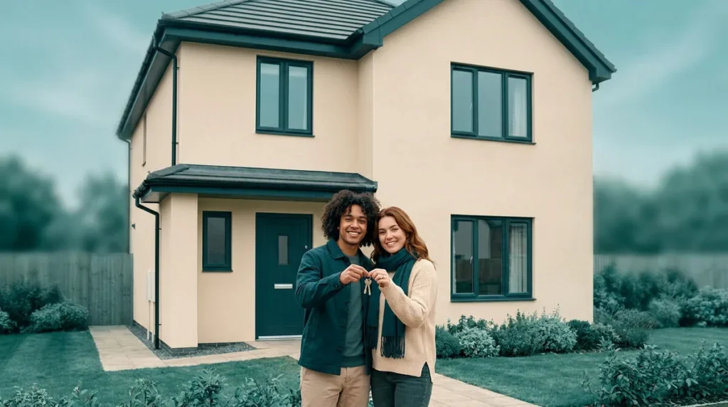 Un jeune couple souriant tenant les clés de leur nouvelle maison individuelle.