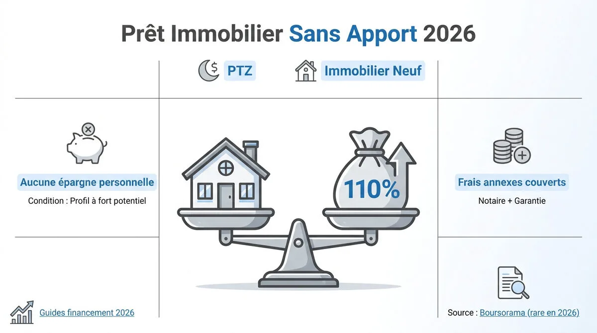 Jeune couple préparant un dossier de prêt immobilier sans apport en 2026