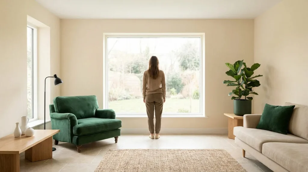 Une femme debout dans un salon moderne et lumineux, regardant par une grande fenêtre donnant sur un jardin.