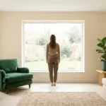 Une femme debout dans un salon moderne et lumineux, regardant par une grande fenêtre donnant sur un jardin.