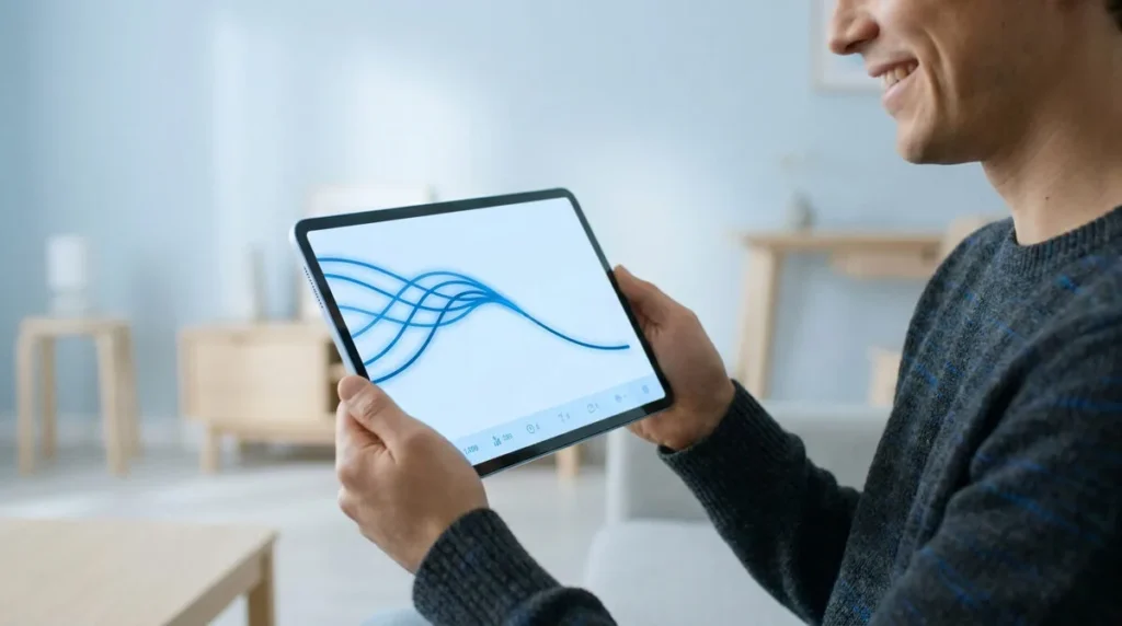 Un homme souriant regarde une tablette affichant un graphique de lignes convergentes illustrant la fusion de crédits.