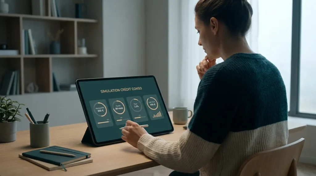 Une femme consulte une application de simulation de crédit à la consommation sur sa tablette numérique à son bureau.