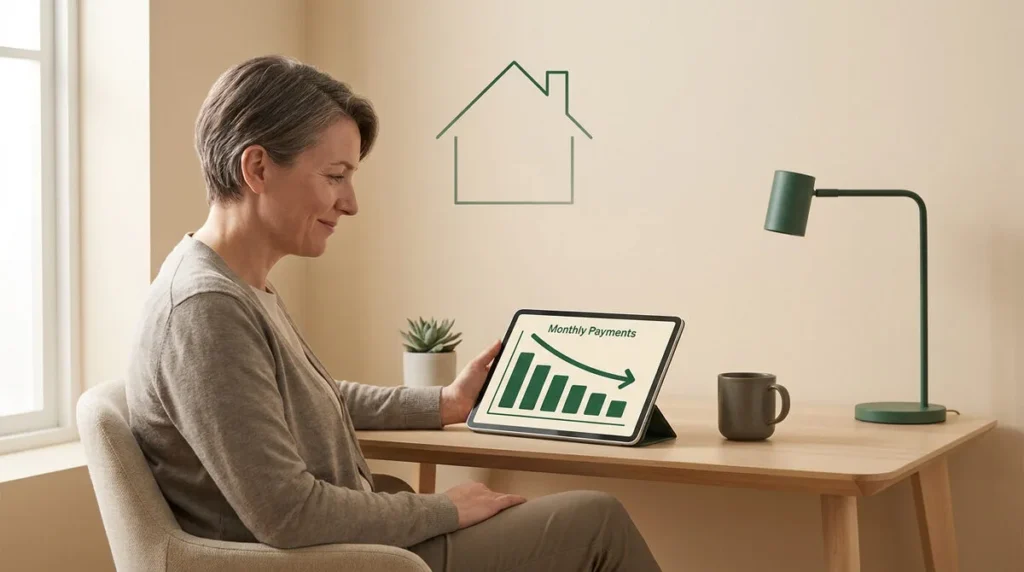 Une femme regarde une tablette affichant une baisse des mensualités avec une icône de maison en arrière-plan.