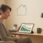 Une femme regarde une tablette affichant une baisse des mensualités avec une icône de maison en arrière-plan.