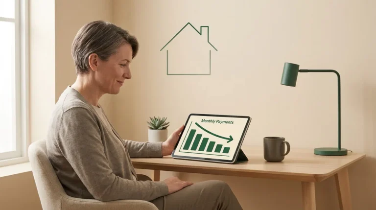 Une femme regarde une tablette affichant une baisse des mensualités avec une icône de maison en arrière-plan.