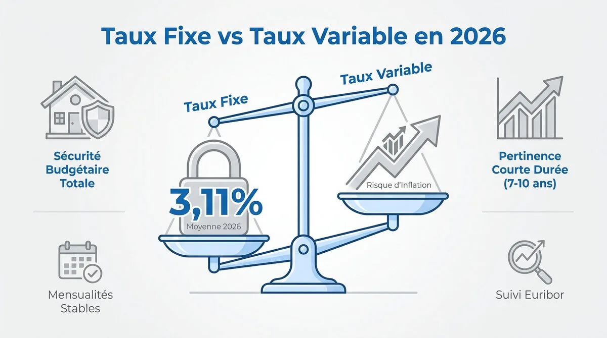 Comparaison entre la stabilité du taux fixe et la fluctuation du taux variable pour un crédit immobilier en 2026