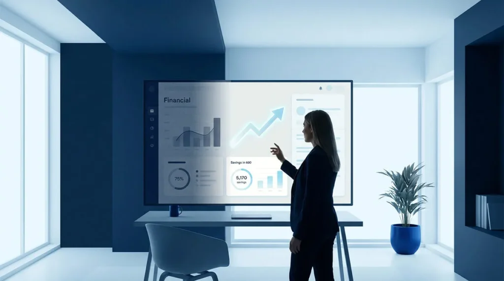 Une femme d'affaires analyse des données financières sur un écran tactile interactif dans un bureau moderne.