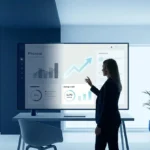 Une femme d'affaires analyse des données financières sur un écran tactile interactif dans un bureau moderne.