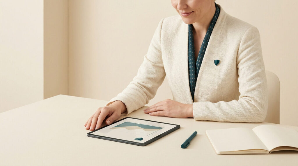 Professionnelle en blazer beige consultant des graphiques financiers sur une tablette numérique.