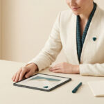 Professionnelle en blazer beige consultant des graphiques financiers sur une tablette numérique.