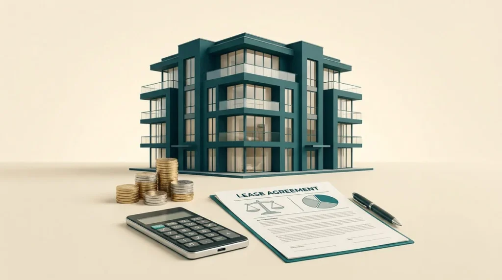 Maquette d'immeuble, piles de pièces, calculatrice et contrat de bail sur fond crème.