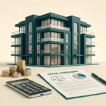 Maquette d'immeuble, piles de pièces, calculatrice et contrat de bail sur fond crème.