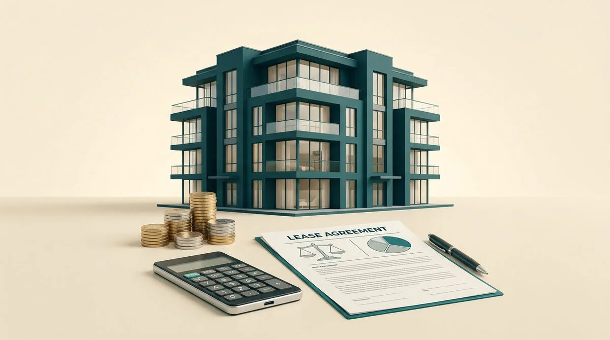 Maquette d'immeuble, piles de pièces, calculatrice et contrat de bail sur fond crème.