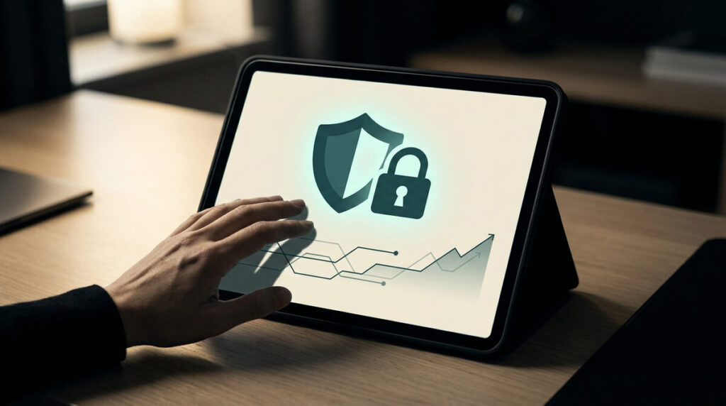 Une main touche un écran de tablette affichant un bouclier, un cadenas et un graphique financier pour la cybersécurité.
