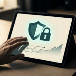 Une main touche un écran de tablette affichant un bouclier, un cadenas et un graphique financier pour la cybersécurité.