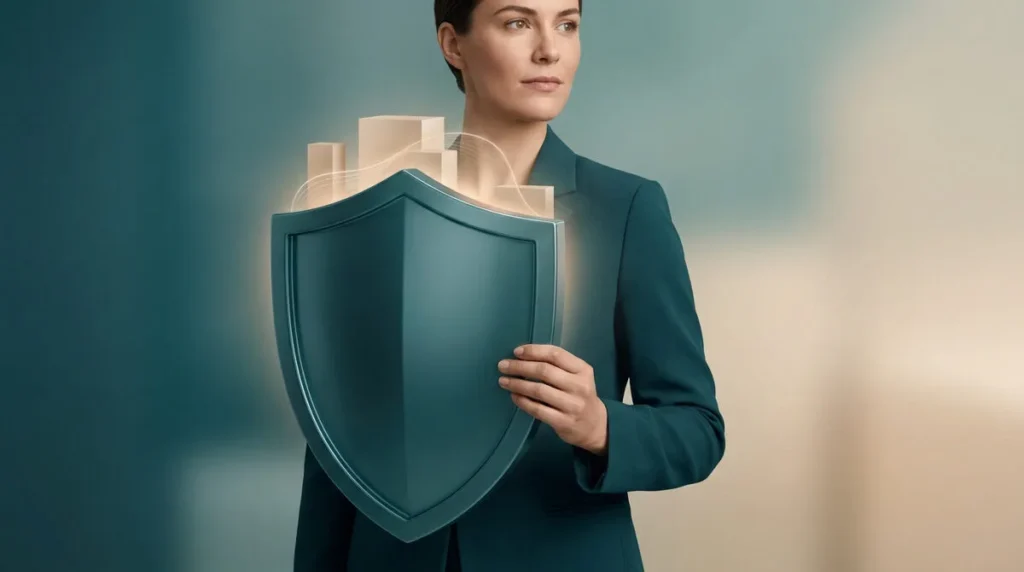 Une femme d'affaires tenant un bouclier protecteur devant des formes géométriques lumineuses.