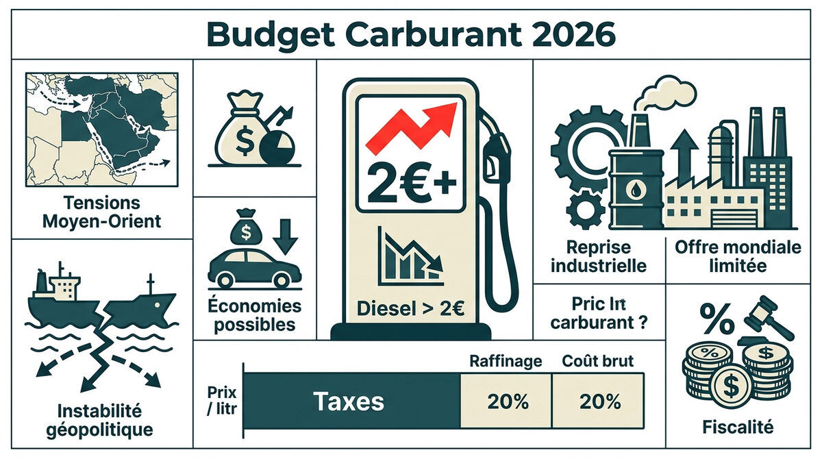 Graphique montrant l'évolution du budget carburant et les causes de la hausse en 2026