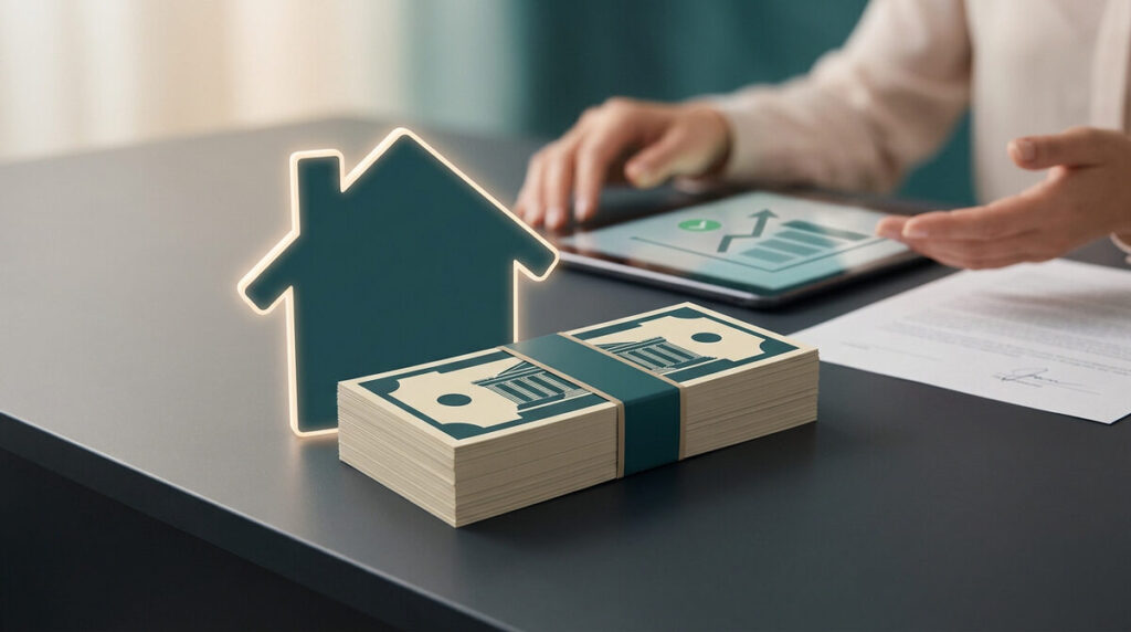 Une pile de billets et une silhouette de maison sur une table avec une tablette affichant un graphique de croissance.