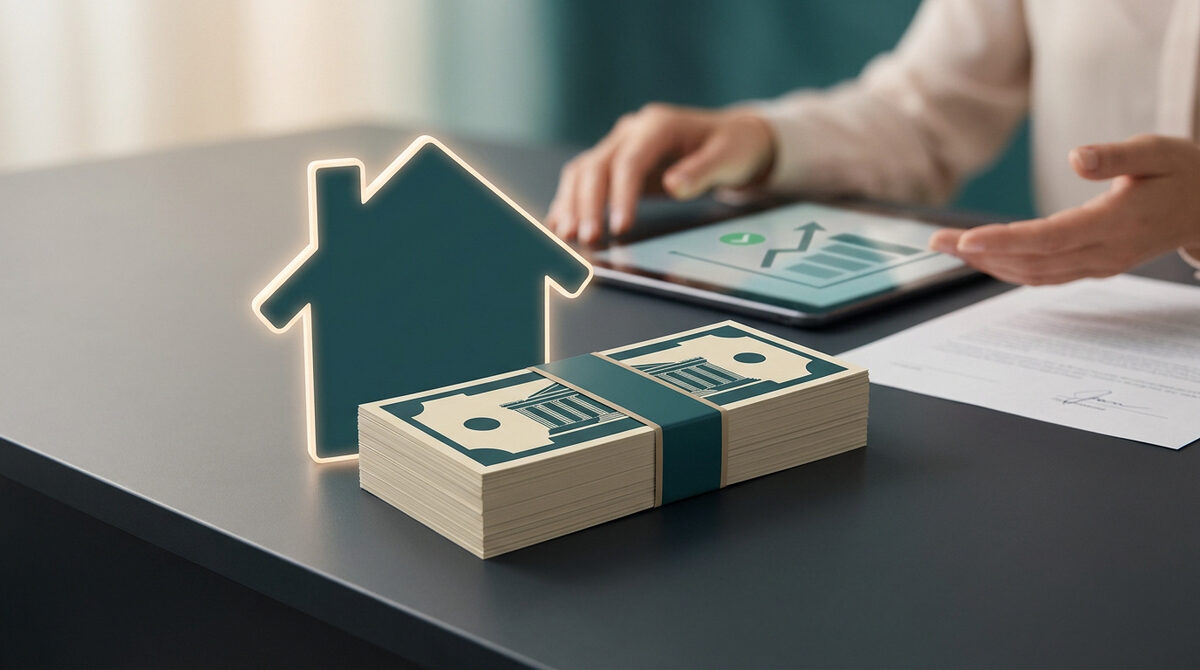 Une pile de billets et une silhouette de maison sur une table avec une tablette affichant un graphique de croissance.