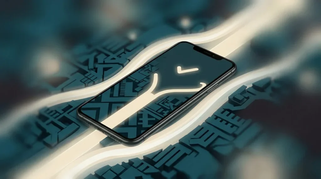 Un smartphone moderne posé sur une surface technologique sombre avec des lignes lumineuses stylisées.