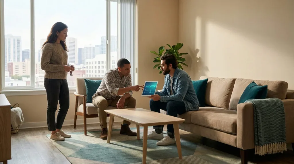 Trois jeunes adultes discutent dans un salon moderne, l'un montre une tablette avec des données numériques.