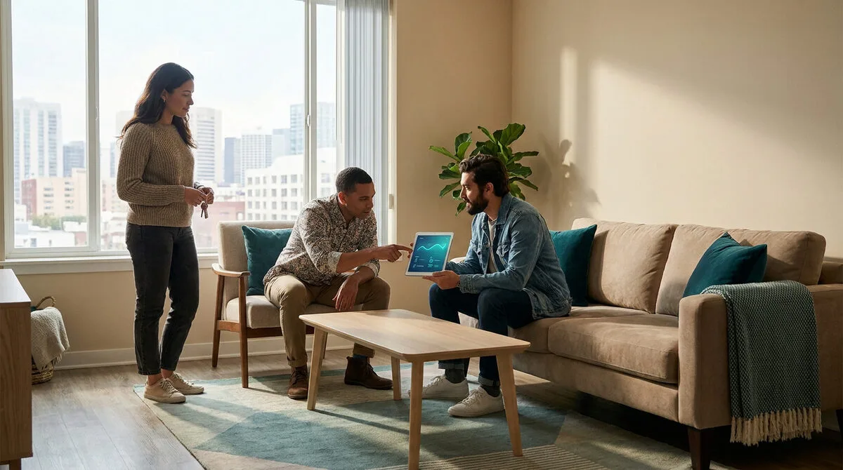 Trois jeunes adultes discutent dans un salon moderne, l'un montre une tablette avec des données numériques.