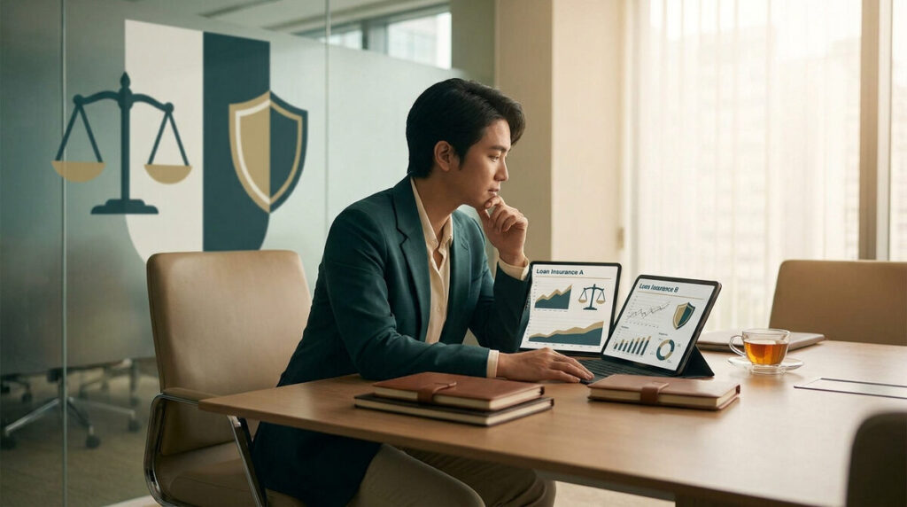 Un professionnel assis à un bureau compare des graphiques sur deux tablettes pour évaluer des contrats d'assurance.