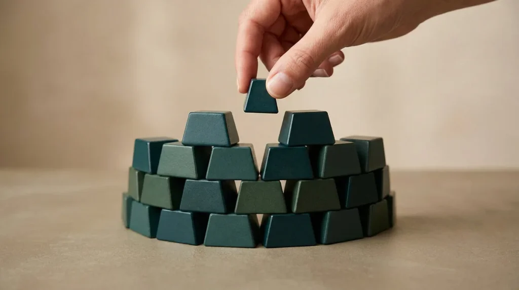 Une main place un bloc vert pour compléter un mur miniature, symbolisant la construction d'une épargne de sécurité.