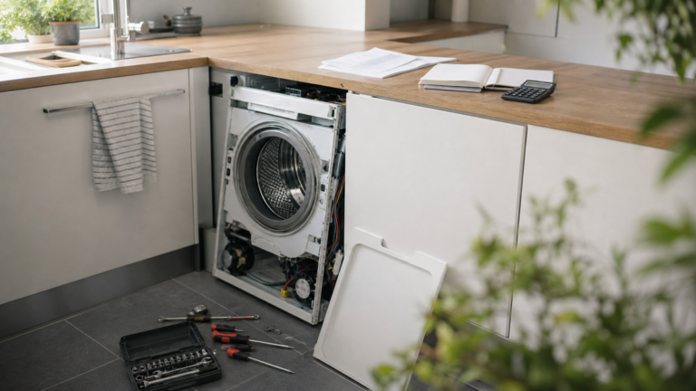 Électroménager en réparation avec carnet de budget