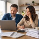 Couple qui calcule son reste à vivre avec factures et ordinateur