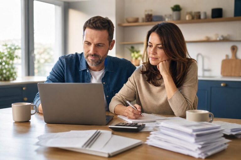 Couple qui calcule son reste à vivre avec factures et ordinateur