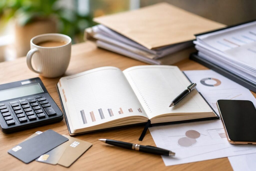 Carnet de budget, calculatrice et documents pour suivre le reste à vivre