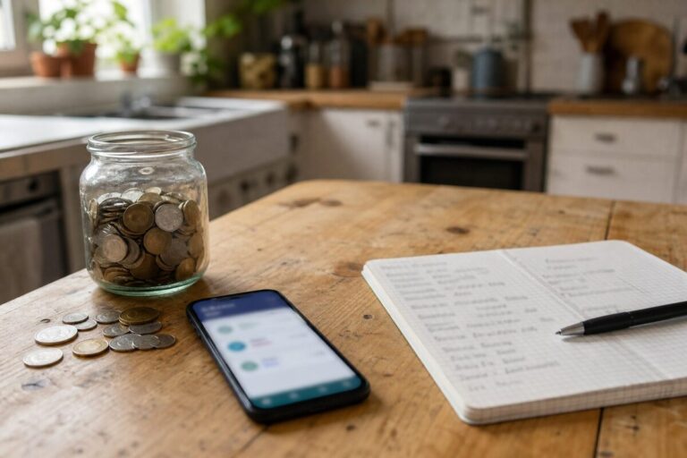 Bocal d’épargne, carnet de budget et smartphone posés sur une table