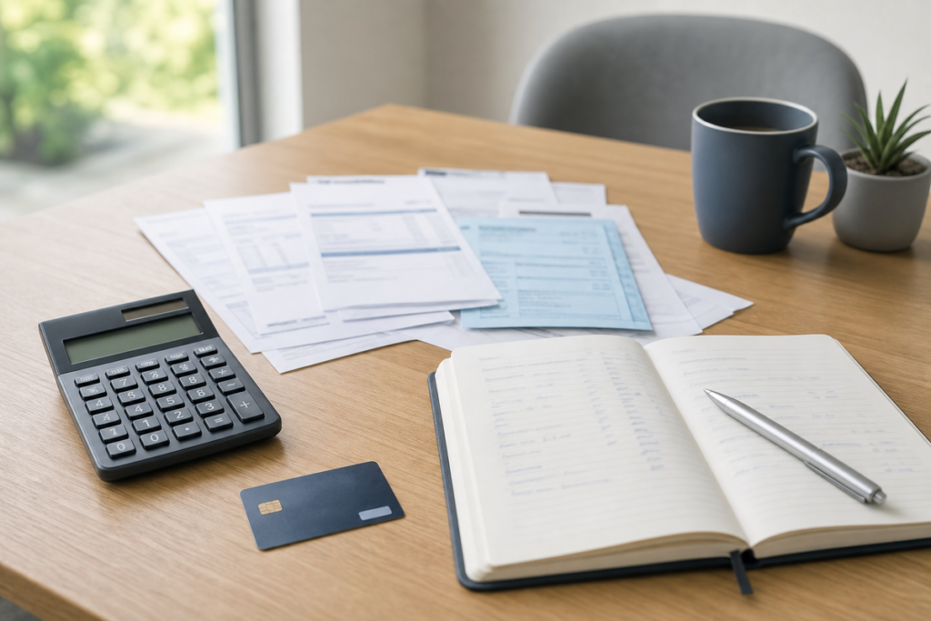Carnet de budget avec factures et calculatrice