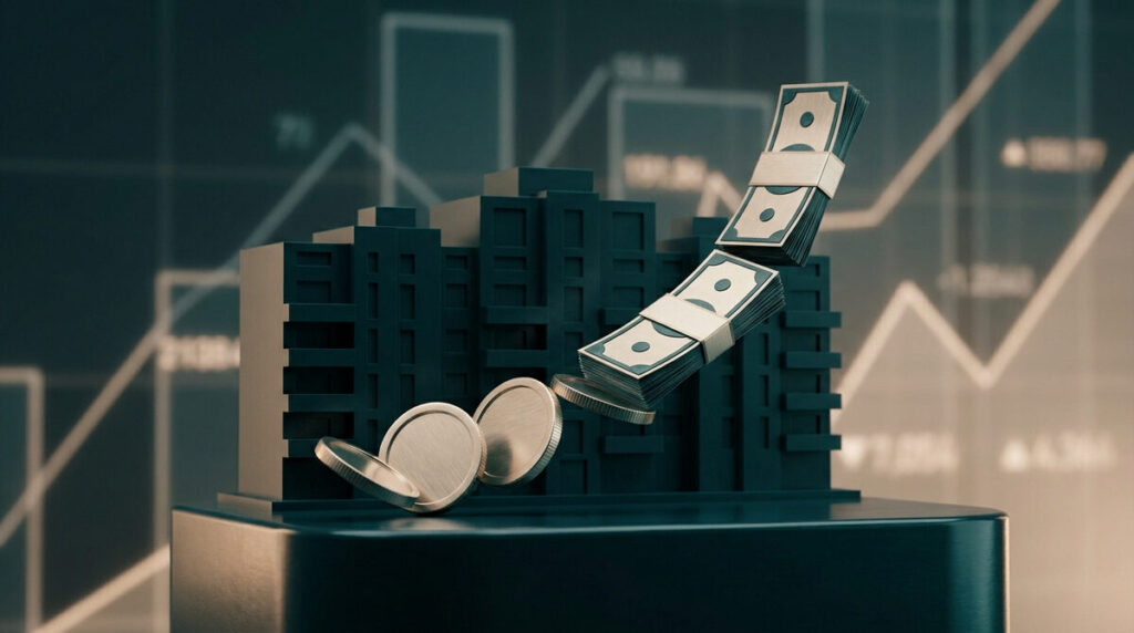 Maquette d'immeuble avec des liasses de billets et pièces devant un graphique financier.