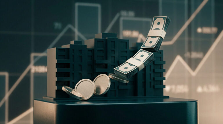 Maquette d'immeuble avec des liasses de billets et pièces devant un graphique financier.