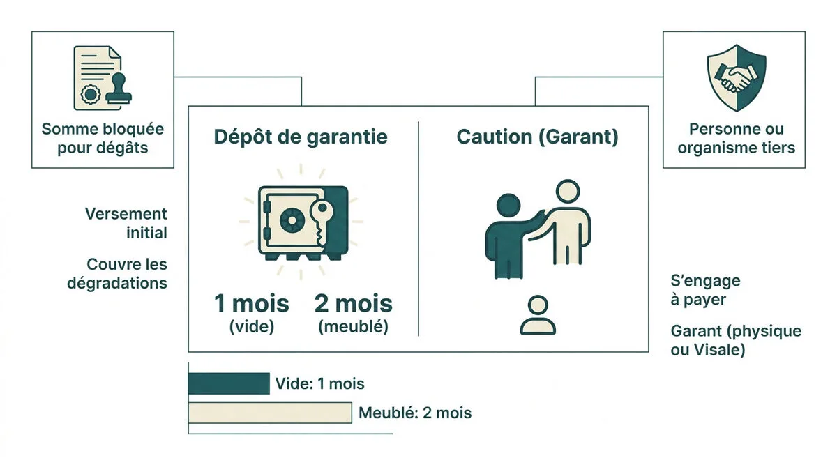 Infographie expliquant la différence entre le dépôt de garantie et la caution locative pour un étudiant
