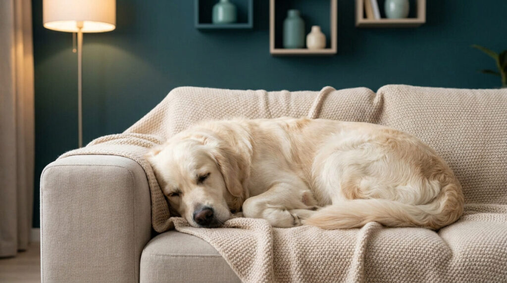 Un chien Golden Retriever dort paisiblement sur un canapé beige recouvert d'un plaid dans un salon moderne.